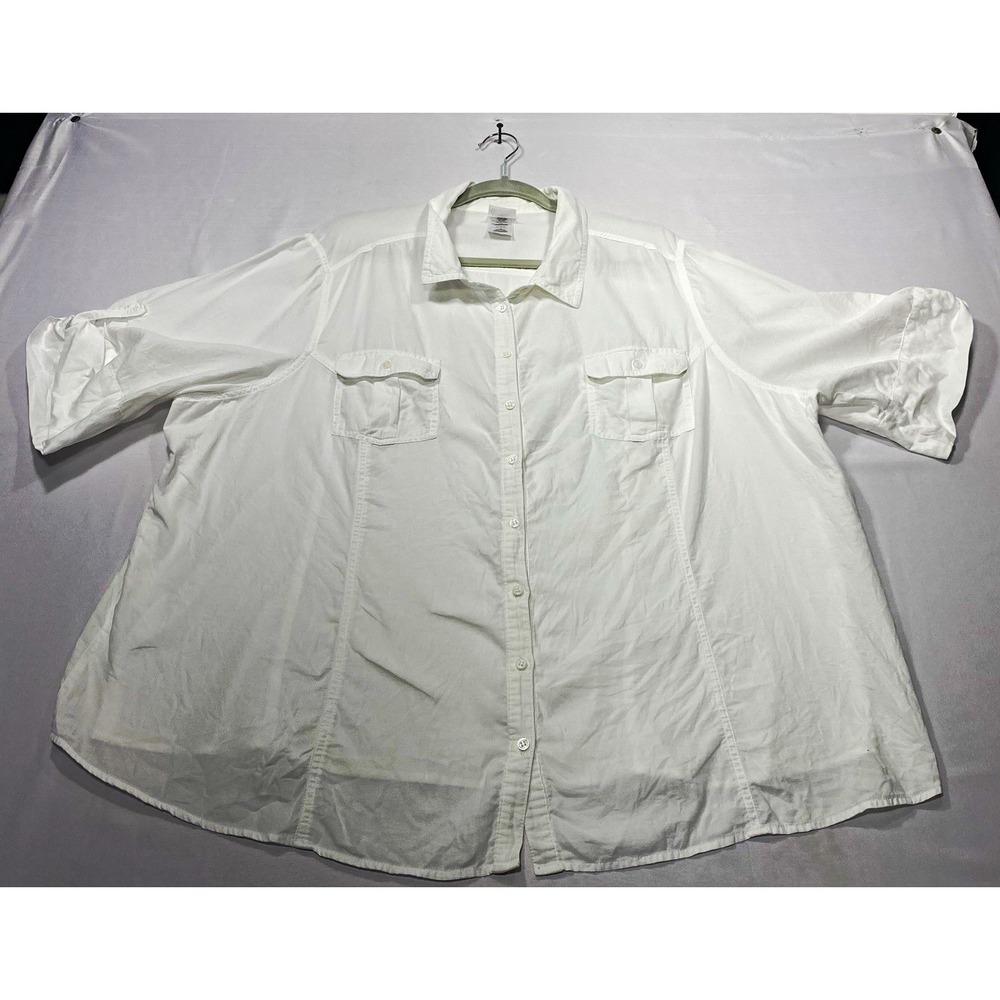 JMS Just My Size Womens 4X White Button Front Cotton Shirt Roll Tab Sleeves